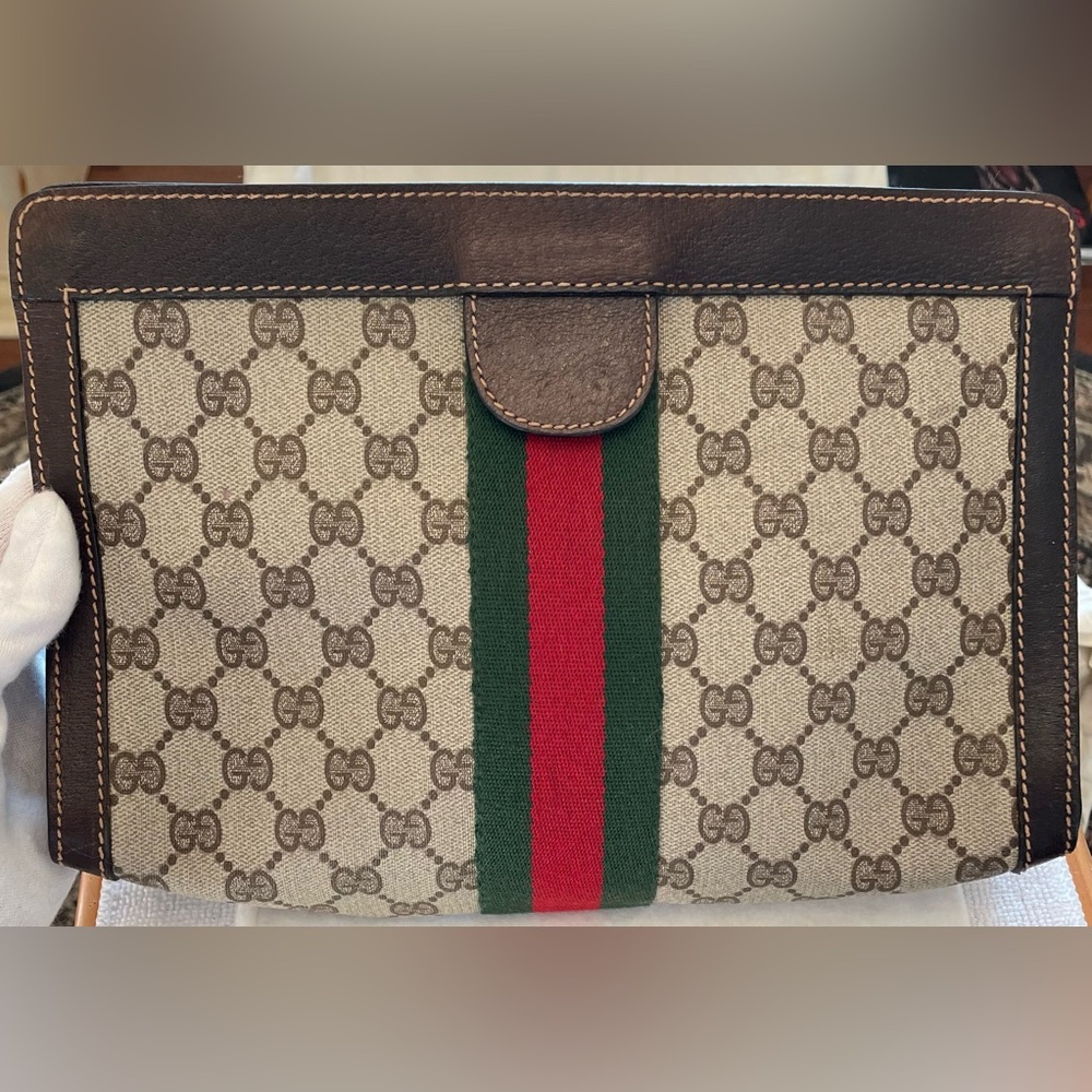 Gucci Beige GG Canvas Cosmetic Case with Green-Red Web